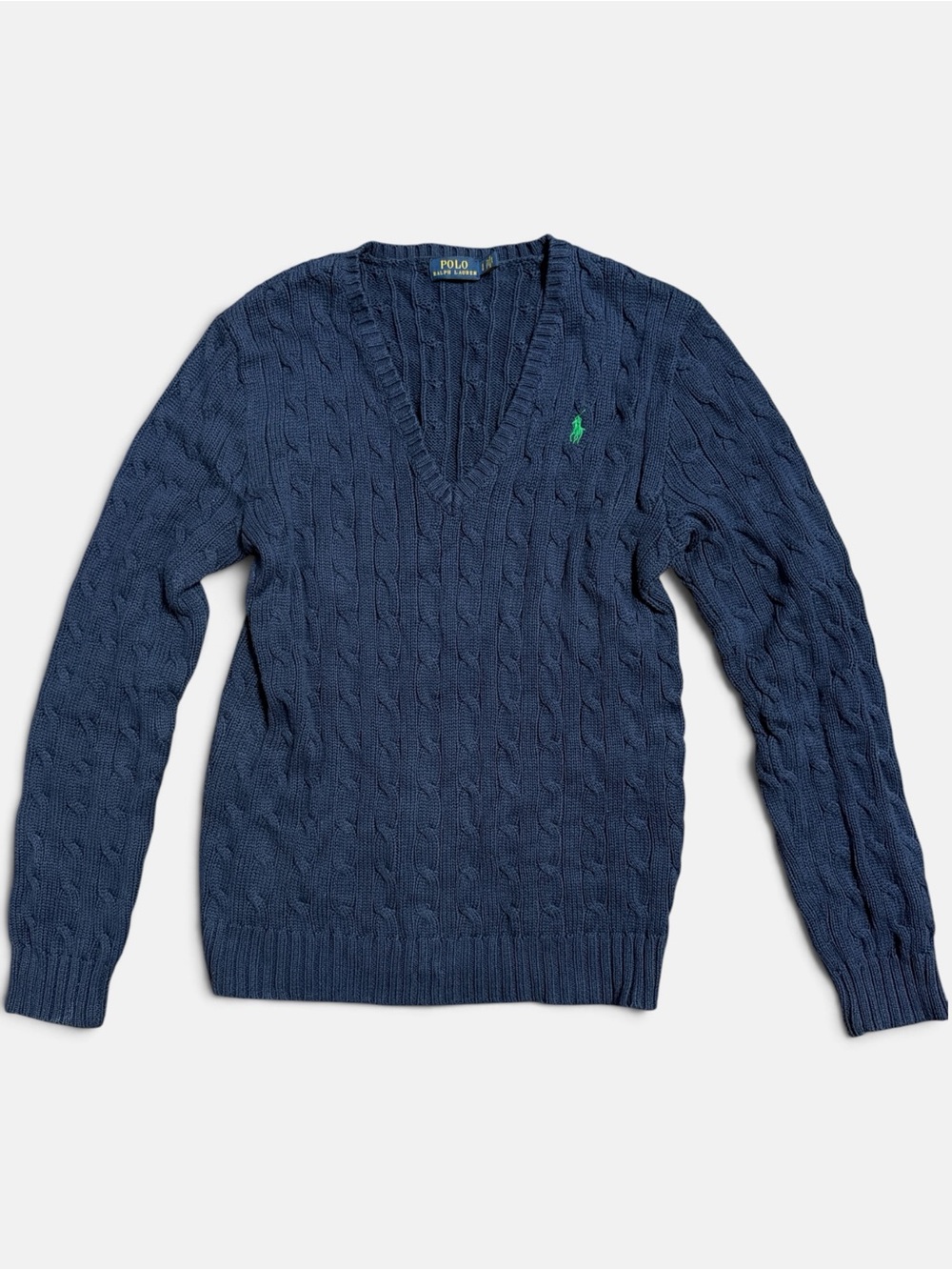 Women’s Polo by Ralph Lauren Navy Cable V-Neck Sweater with Green Logo
